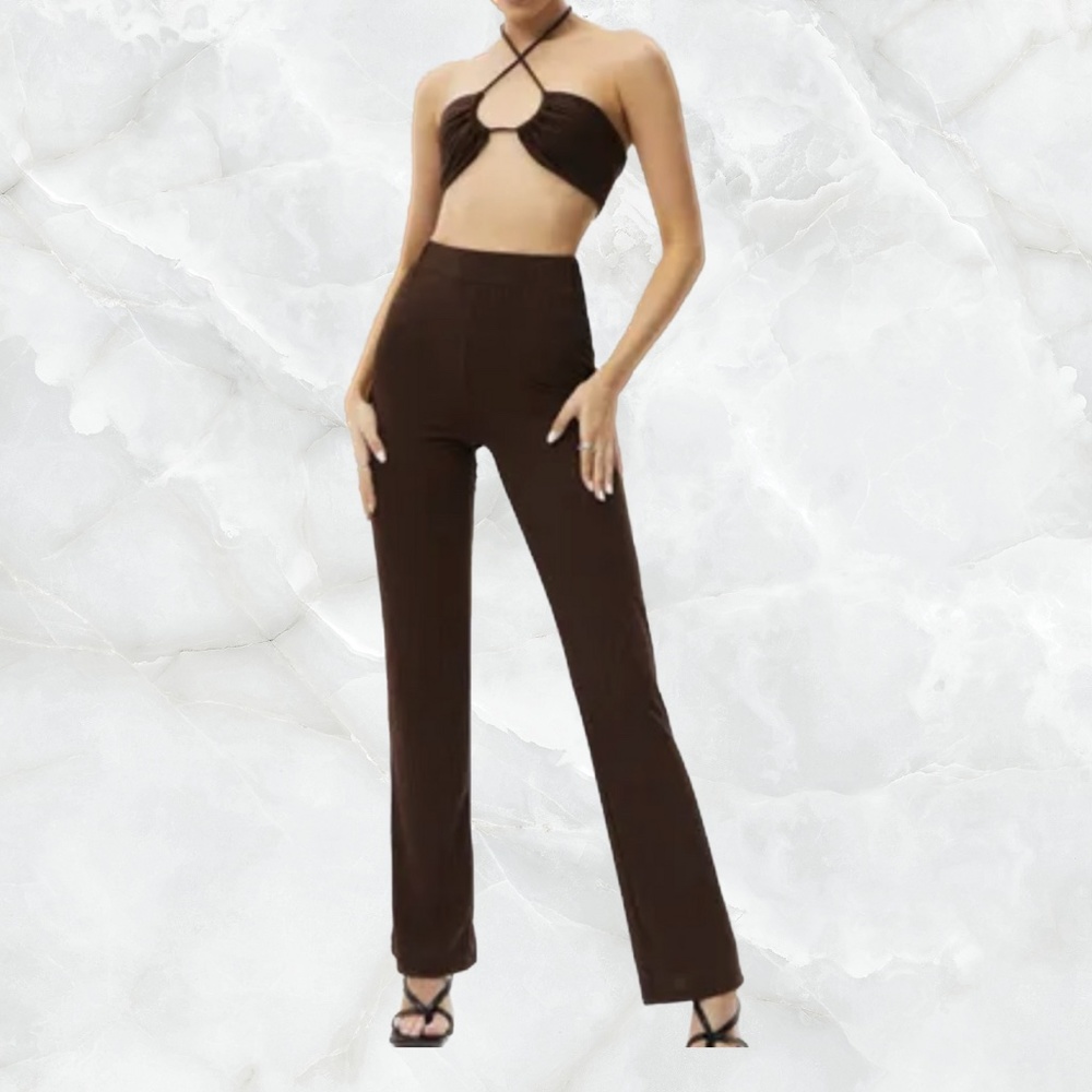 Ribbed Matching Two-Piece Knit Set in Café Top & Pants
